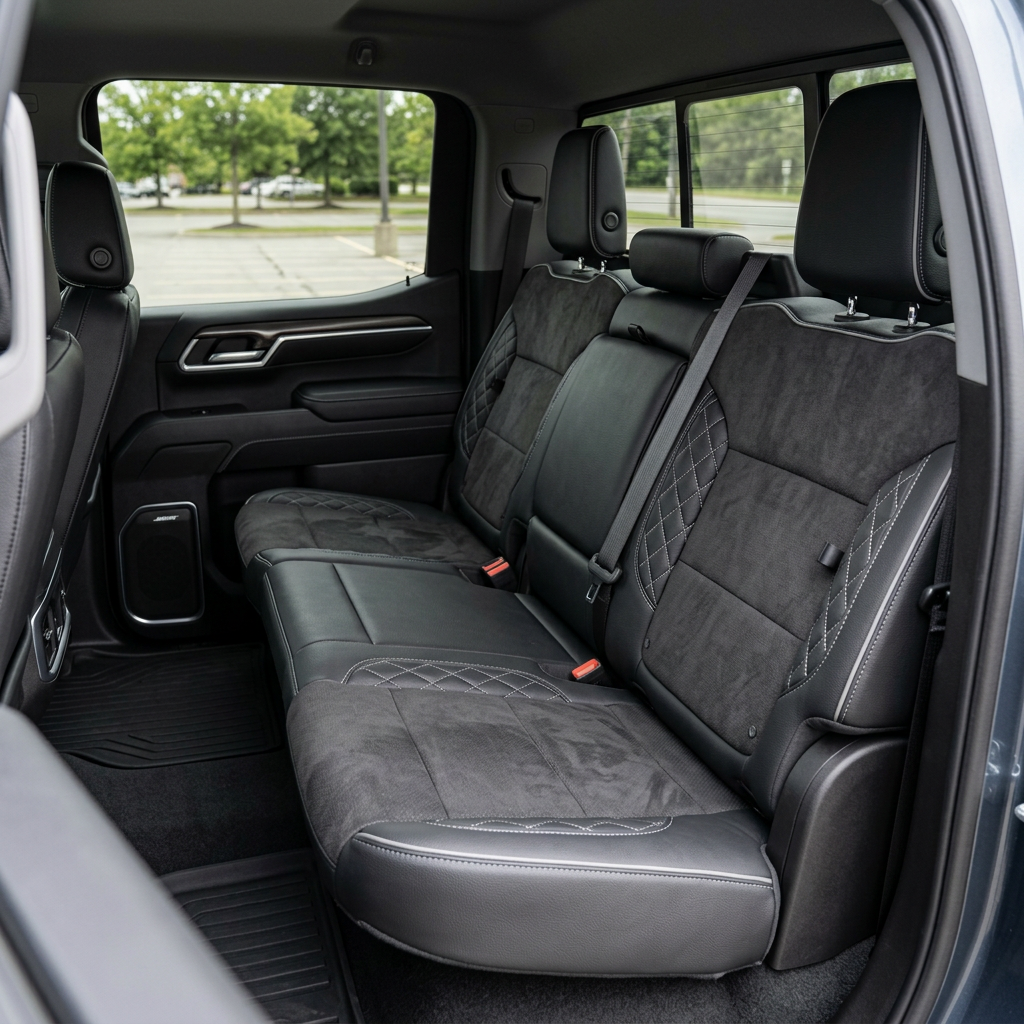 Rear in-cabin view of a 2019–2026 Chevrolet Silverado (New Body Style) with Leatherteck seat upholstery in black leather, featuring dark gray suede inserts and silver diamond-stitched accent panels with contrast stitching across the rear bench seatbacks, cushions, and headrests.