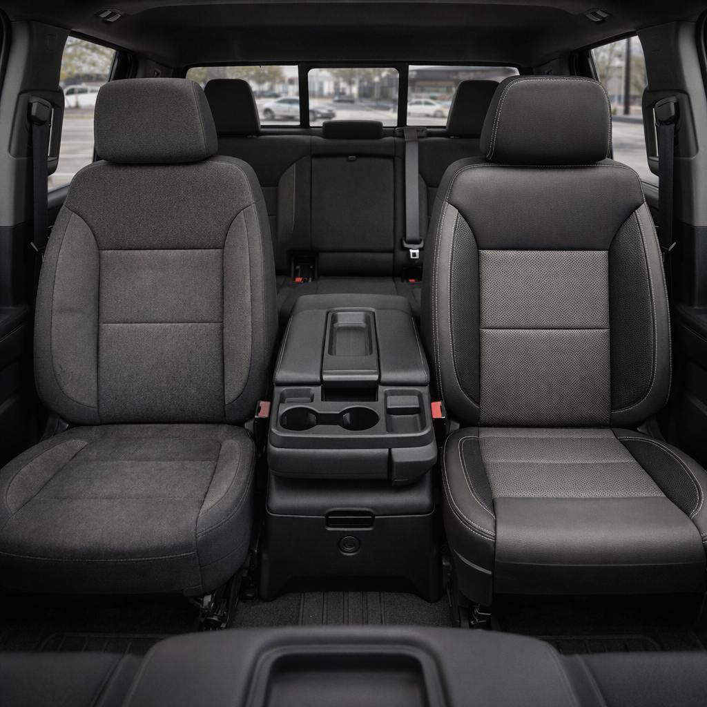 Before-and-after front in-cabin view of a 2019–2026 Chevrolet Silverado (New Body Style) split down the center: left shows the factory dark cloth front seat, while right shows a Leatherteck upgrade in black leather with light gray panels, perforated inserts, and silver contrast stitching, with the fold-down center console/cupholders and rear bench seat visible.