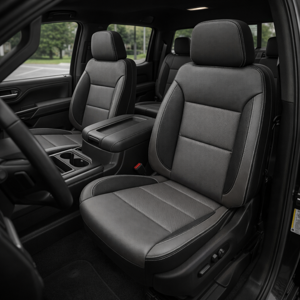 Front in-cabin view of a 2019–2026 Chevrolet Silverado (New Body Style) featuring a Leatherteck seat upholstery kit in black leather with light gray panels, perforated center inserts, and silver contrast stitching, showing the driver and passenger seats, center console/armrest, and the rear bench seat in the background.

