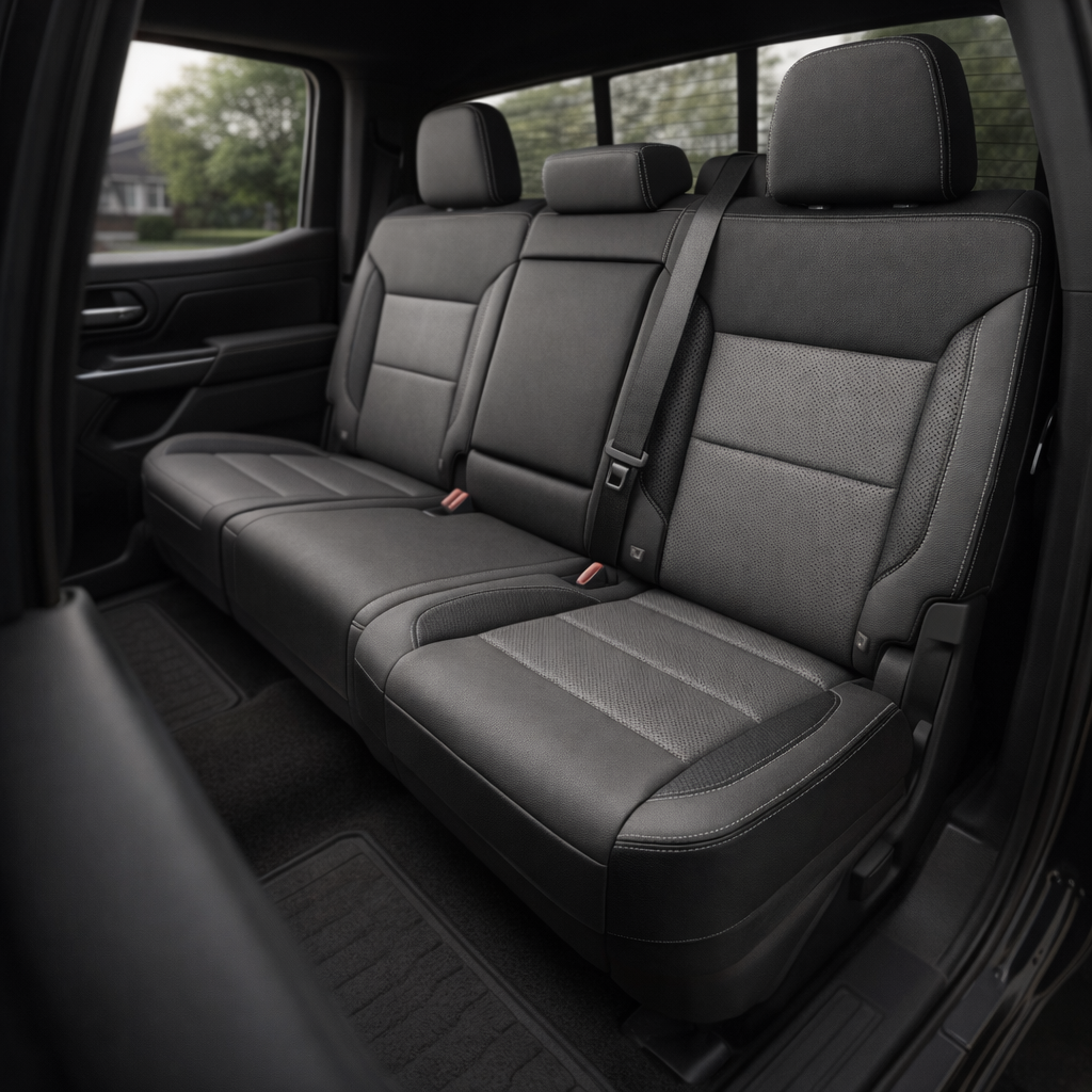 Rear in-cabin view of a 2019–2026 Chevrolet Silverado (New Body Style) featuring a Leatherteck rear bench seat upholstery kit in black leather with light gray panels, perforated center inserts, and silver contrast stitching, showing three headrests, seatbelts and buckles, the rear door panel, and black rear floor mats.
