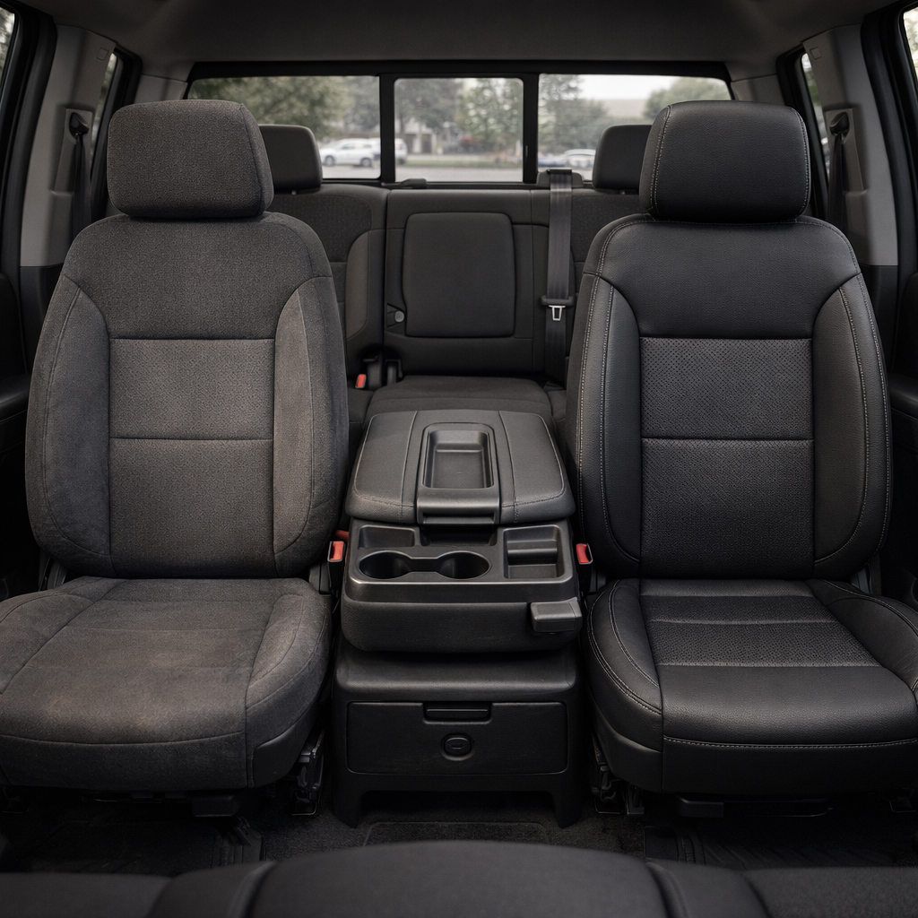  Before-and-after front in-cabin view of a 2019–2026 Chevrolet Silverado (New Body Style): the left front seat shows original dark cloth upholstery, while the right front seat is upgraded with a Leatherteck black leather kit featuring perforated inserts and lapis grey contrast stitching, with the center console and rear bench visible.