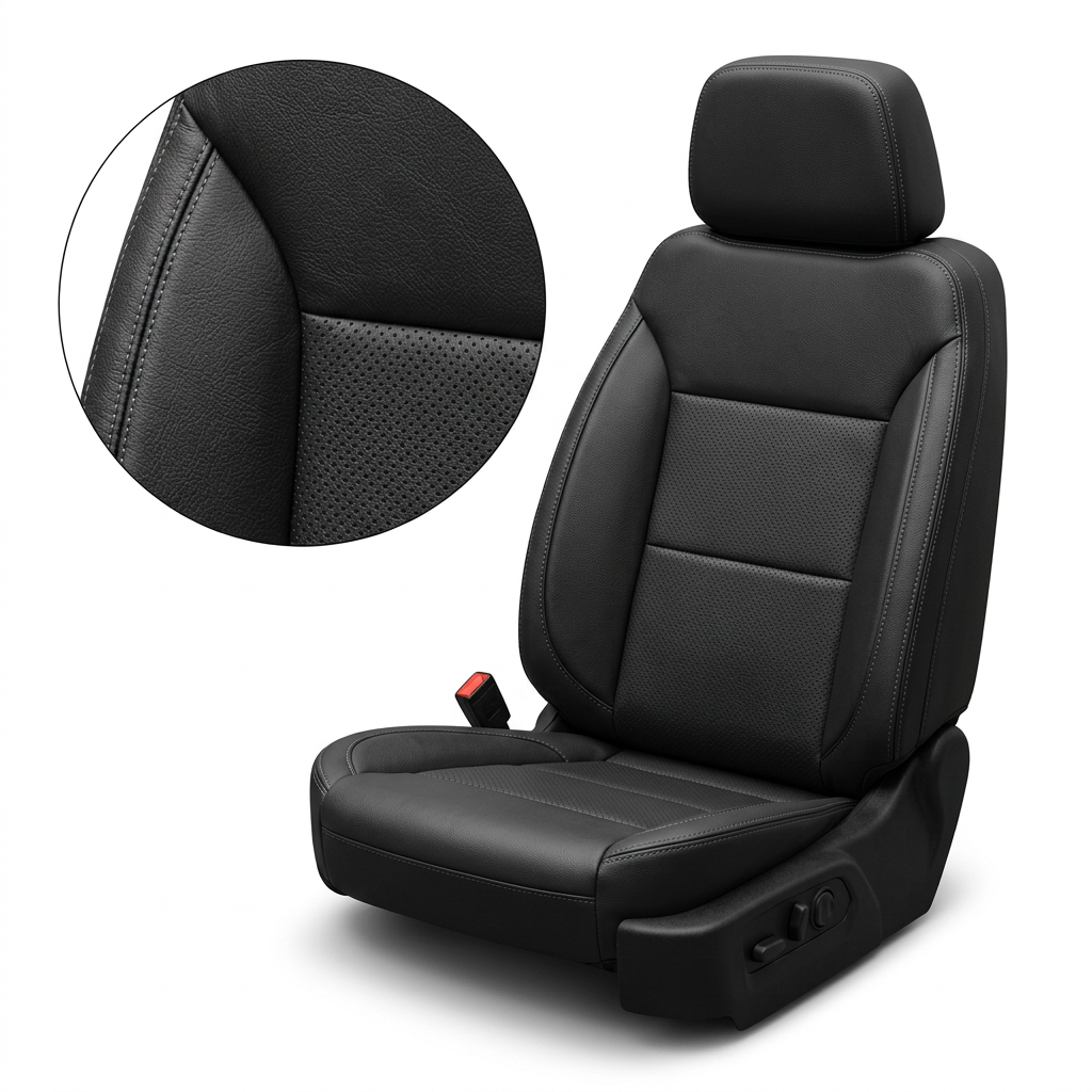 Close-up product image of a 2019–2026 Chevrolet Silverado (New Body Style) Leatherteck seat upholstery kit in black leather with perforated inserts and lapis grey contrast stitching, featuring a circular inset highlighting the leather grain, perforation pattern, and stitched seam detail.