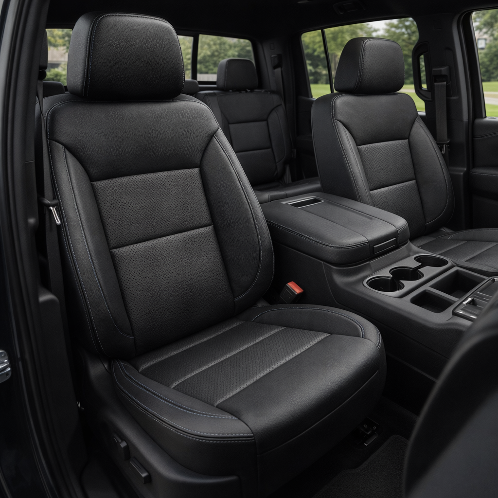 Front in-cabin view of a 2019–2026 Chevrolet Silverado (New Body Style) featuring upgraded Leatherteck front bucket seats in black leather with perforated inserts and lapis grey contrast stitching, shown with the center console, cupholders, and rear bench seat visible.