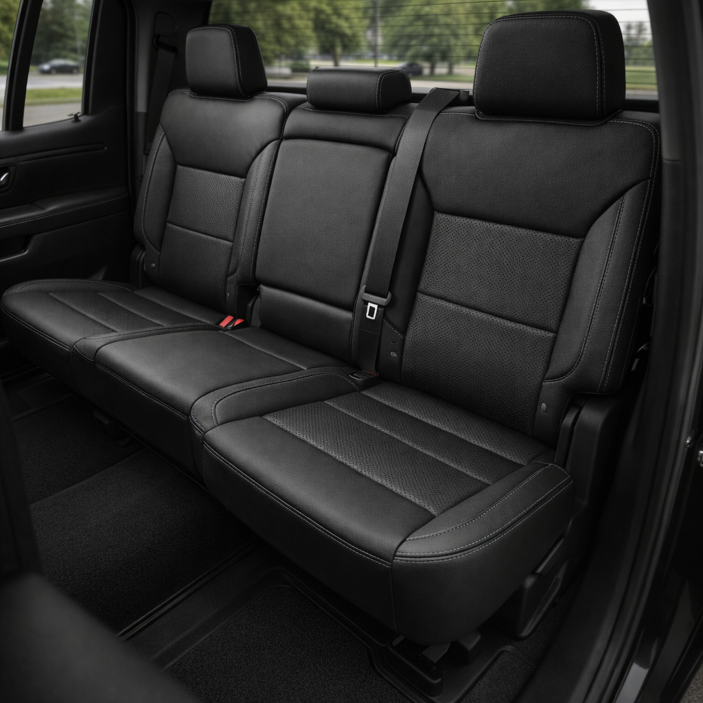 Rear in-cabin view of a 2019–2026 Chevrolet Silverado (New Body Style) featuring upgraded Leatherteck rear bench seating in black leather with perforated inserts and lapis grey contrast stitching, with headrests, seatbelts, and rear door panel visible.