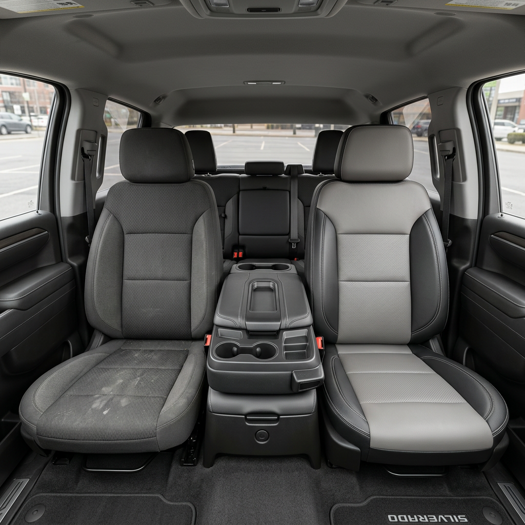  Before-and-after interior view of a 2019–2026 Chevrolet Silverado (New Body Style): left shows the factory black cloth front seat, right shows the upgraded Leatherteck seat upholstery in black leather with platinum gray perforated center inserts and contrast stitching.