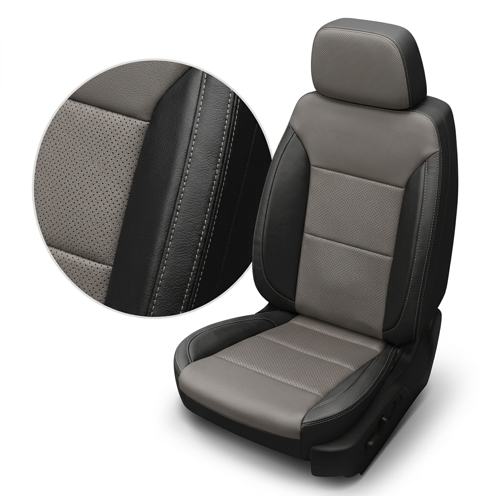 Close-up of the Leatherteck leather seat upholstery for a 2019–2026 Chevrolet Silverado (New Body Style), showing black bolsters, platinum gray perforated center inserts, and contrast stitching detail on the seat and headrest.