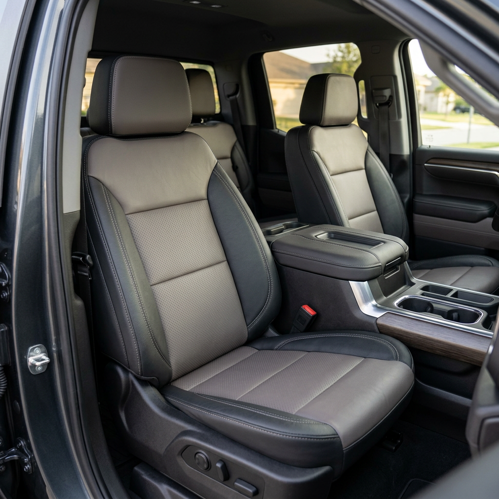 Front in-cabin view of a 2019–2026 Chevrolet Silverado (New Body Style) with Leatherteck seat upholstery installed in black leather, featuring platinum gray perforated center inserts and contrast stitching on the front bucket seats and headrests.