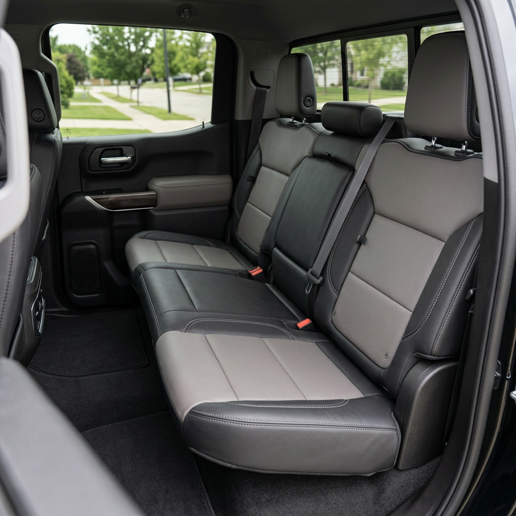 Rear in-cabin view of a 2019–2026 Chevrolet Silverado (New Body Style) with Leatherteck seat upholstery in black leather, featuring platinum gray perforated center inserts and contrast stitching across the rear bench, seatbacks, and headrests.