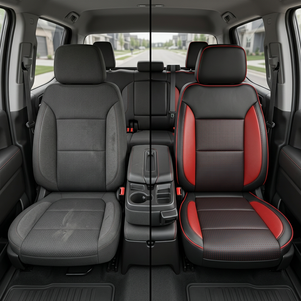Before-and-after front in-cabin view of a 2019–2026 Chevrolet Silverado (New Body Style) split down the center: left shows the factory dark cloth front seat, while right shows a Leatherteck upgrade in black leather with square-perforated red inserts, red accents, red contrast stitching, and red piping, with the center console/cupholders and rear bench seat visible.