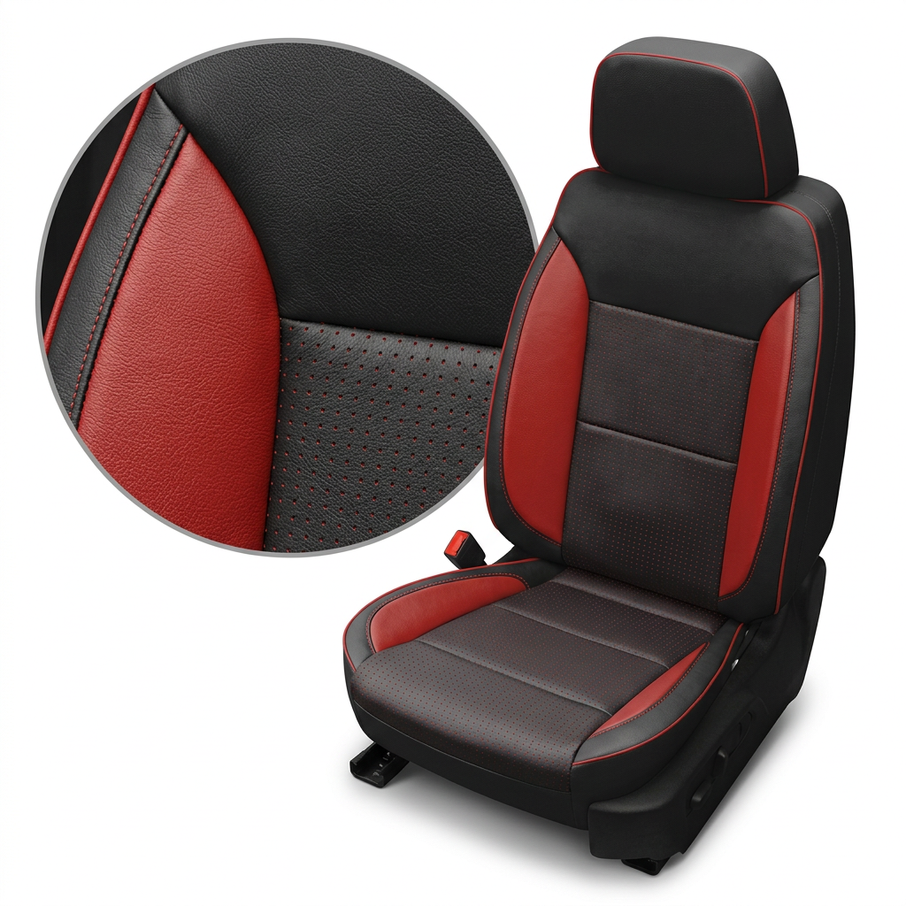 Close-up product image of a 2019–2026 Chevrolet Silverado (New Body Style) Leatherteck seat upholstery kit in black leather with square-perforated red inserts, red accent side panels, red contrast stitching, and red piping, featuring a circular zoom inset highlighting the leather grain, perforation pattern, and stitched seam detail.