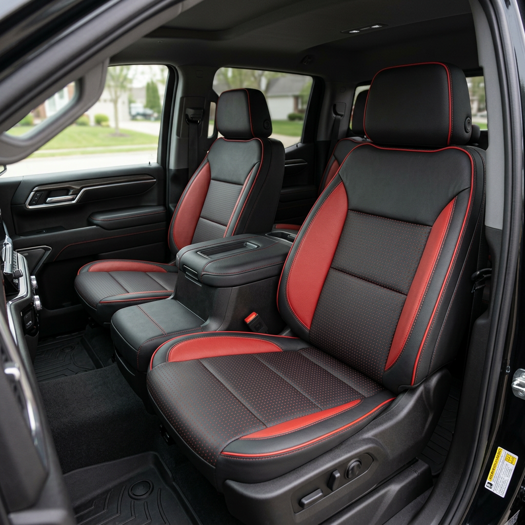 Front in-cabin view of a 2019–2026 Chevrolet Silverado (New Body Style) featuring a Leatherteck seat upholstery kit in black leather with square-perforated red insert panels, red accent bolsters, red contrast stitching, and red piping, showing the driver and passenger seats, center console/armrest, and front door panel.