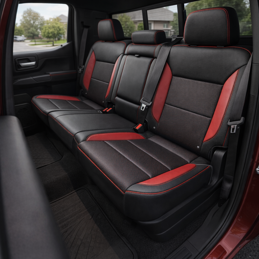 Rear in-cabin view of a 2019–2026 Chevrolet Silverado (New Body Style) featuring a Leatherteck rear bench seat upholstery kit in black leather with square-perforated red inserts, red accent panels, red contrast stitching, and red piping, showing three headrests, seatbelts and buckles, the rear door panel, and black floor mats.