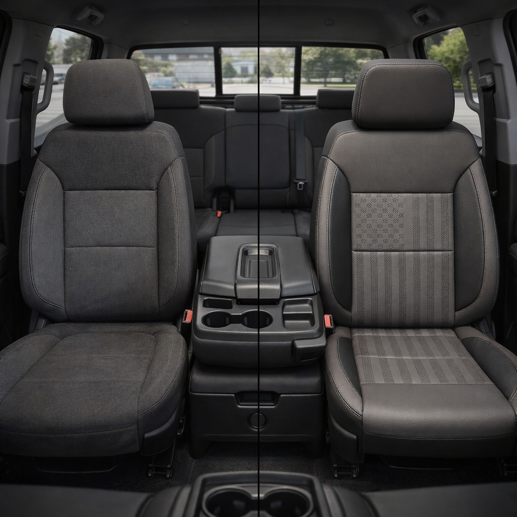 Before-and-after front in-cabin view of a 2019–2026 Chevrolet Silverado (New Body Style): the left front seat shows original dark cloth upholstery, while the right front seat is upgraded with a Leatherteck black leather kit featuring US flag-style center inserts and platinum gray accent panels/stitching, with the center console and rear bench seat visible.