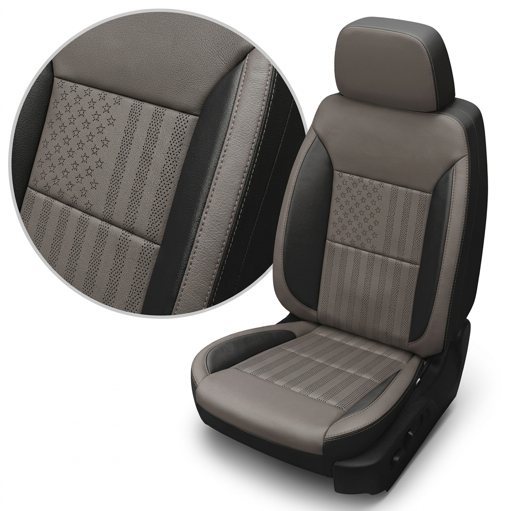 Close-up product image of a 2019–2026 Chevrolet Silverado (New Body Style) Leatherteck seat upholstery kit in black with platinum gray accents and US flag-style perforated center inserts, featuring contrast stitching; a circular inset highlights the star-and-stripe perforation pattern, leather grain, and seam stitching.