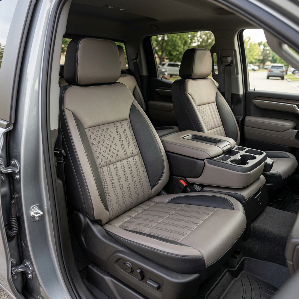  Front in-cabin view of a 2019–2026 Chevrolet Silverado (New Body Style) showcasing Leatherteck front bucket seats in black leather with US flag-style center inserts and platinum gray accent panels, finished with contrast stitching, with the center console, cupholders, door panel, and rear seating visible.