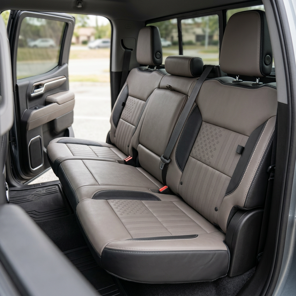  Rear in-cabin view of a 2019–2026 Chevrolet Silverado (New Body Style) featuring a Leatherteck rear bench seat upholstered in black leather with US flag-style center inserts and platinum gray accent panels, finished with contrast stitching, showing the three headrests, seatbelts, and rear door panel.