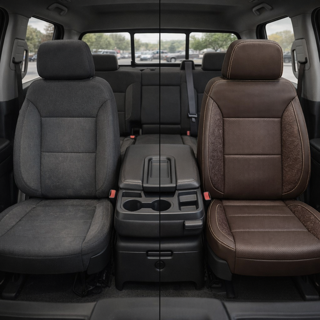  Before-and-after in-cabin view of a 2019–2026 Chevrolet Silverado (New Body Style) split down the middle: the left shows the factory dark gray cloth front seat and rear bench, while the right shows an upgraded Leatherteck coffee brown leather front seat with western floral brown accent panels and pearl white contrast stitching, with the center console/cupholders and rear seating visible.