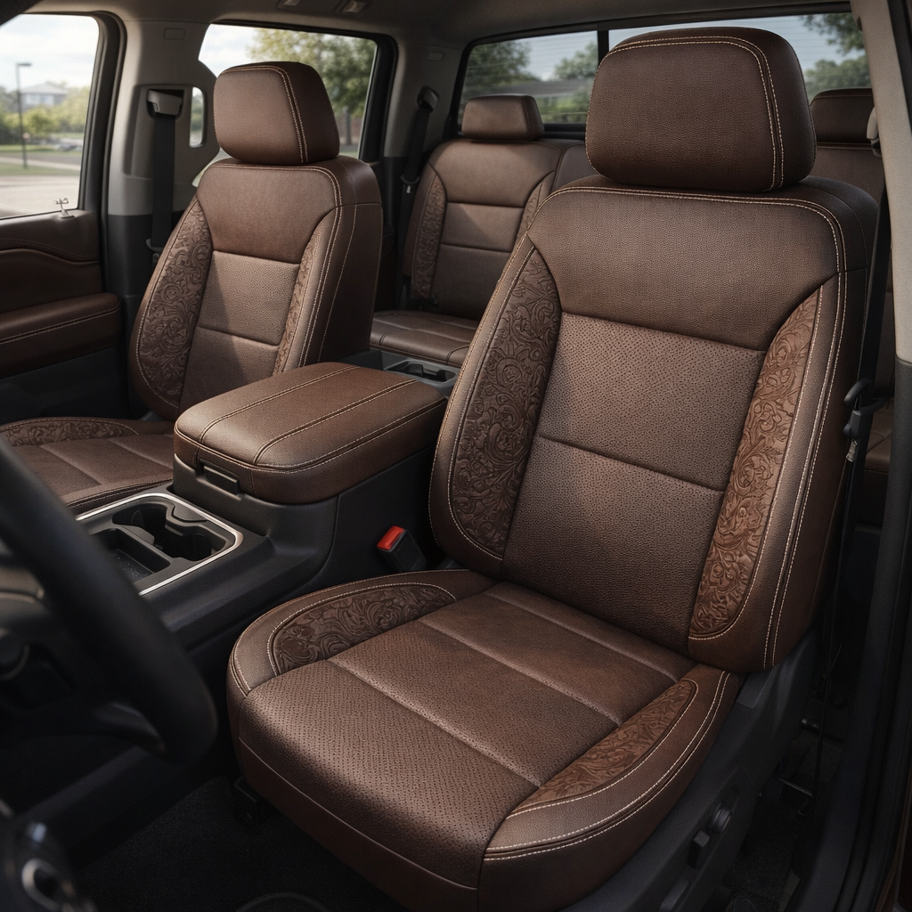 Front in-cabin view of a 2019–2026 Chevrolet Silverado (New Body Style) featuring a Leatherteck seat upholstery kit in coffee brown leather with western floral brown accent panels and pearl white contrast stitching, showing the front bucket seats, center console with cupholders, and matching rear seating.

