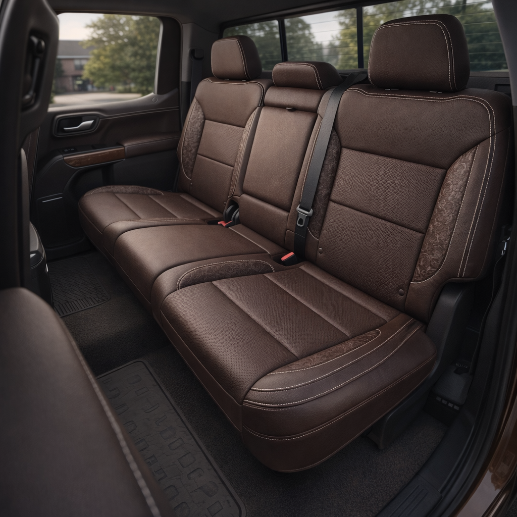 Rear in-cabin view of a 2019–2026 Chevrolet Silverado (New Body Style) featuring a Leatherteck rear bench seat upholstered in coffee brown leather with western floral brown accent panels and pearl white contrast stitching, showing three headrests, seatbelts, the rear door panel, and floor mat.