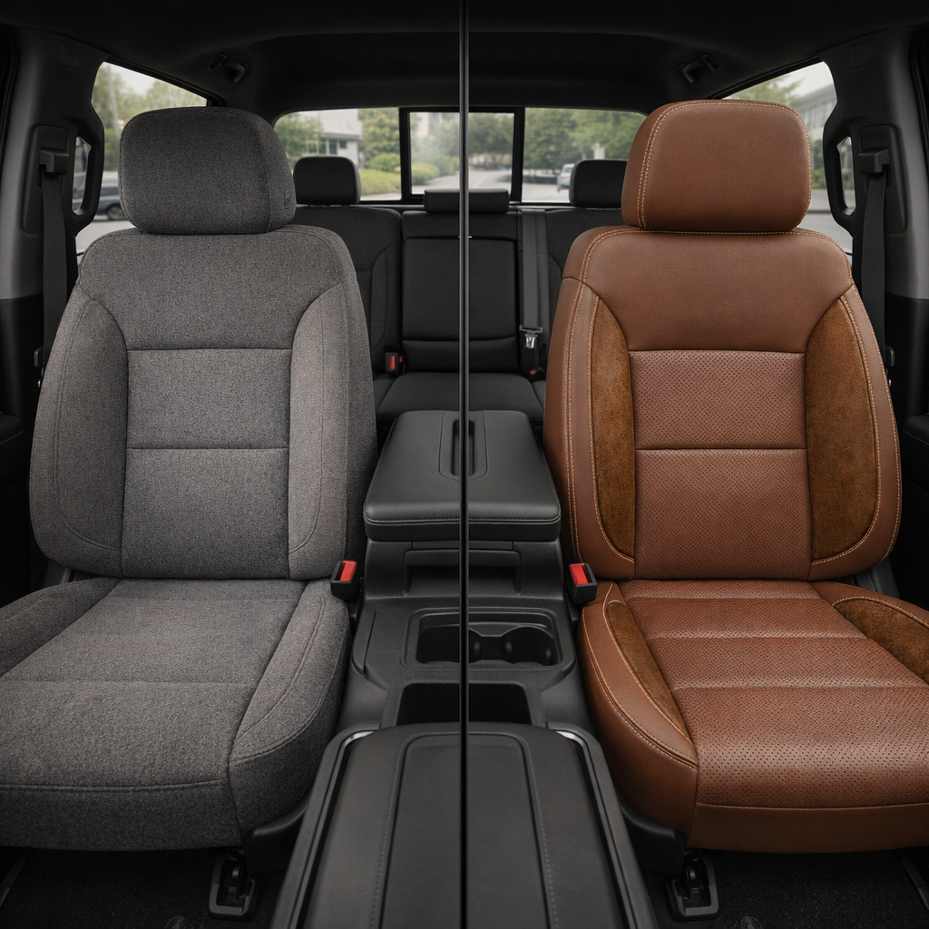 Before-and-after front in-cabin view of a 2019–2026 Chevrolet Silverado (New Body Style) split down the center: left shows the factory gray cloth front seat, while right shows an upgraded Leatherteck kit in mahogany brown leather with chocolate brown suede accent panels and vanilla cream contrast stitching, with the center console and rear seating visible.
