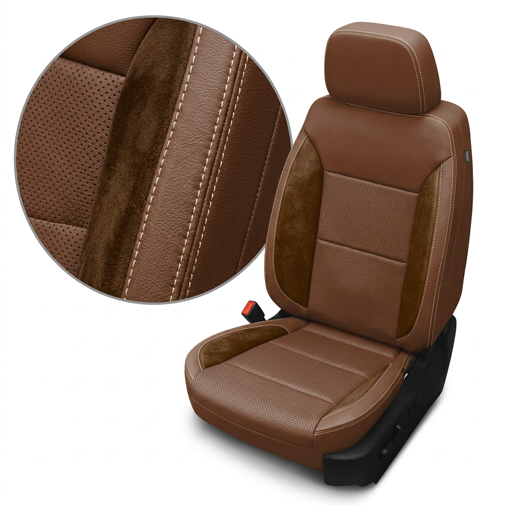 Close-up product image of a 2019–2026 Chevrolet Silverado (New Body Style) Leatherteck seat upholstery kit in mahogany brown leather with chocolate brown suede accent panels, perforated center inserts, and vanilla cream contrast stitching, featuring a circular zoom inset highlighting the leather grain, suede texture, and stitching detail.