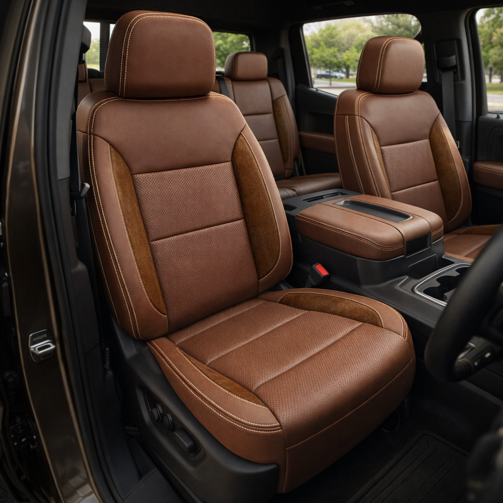  Front in-cabin view of a 2019–2026 Chevrolet Silverado (New Body Style) featuring a Leatherteck seat upholstery kit in mahogany brown leather with chocolate brown suede accent panels and vanilla cream contrast stitching, showing the driver and passenger seats, center console/armrest, and a glimpse of the rear seating.