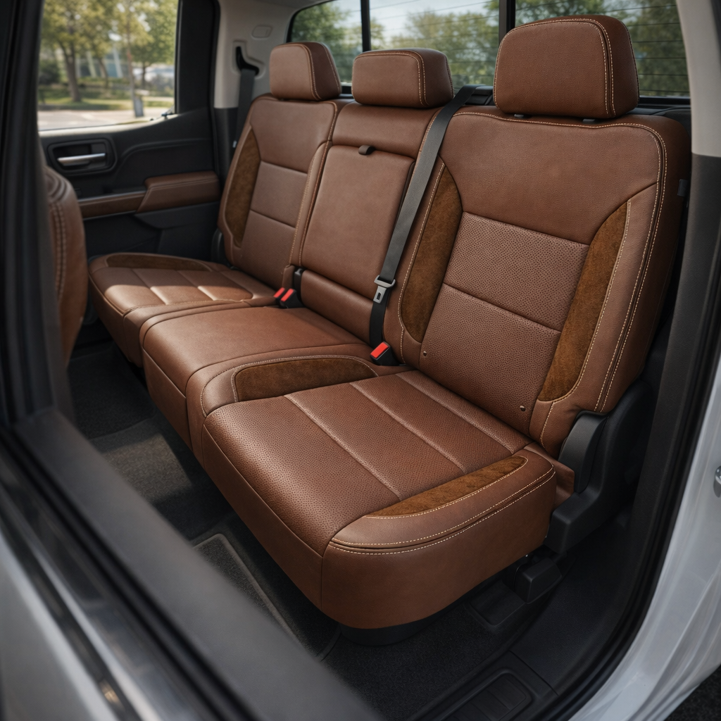 Rear in-cabin view of a 2019–2026 Chevrolet Silverado (New Body Style) featuring a Leatherteck rear bench seat upholstered in mahogany brown leather with chocolate brown suede accent panels and vanilla cream contrast stitching, showing three headrests, seatbelts, rear door panel, and floor area.