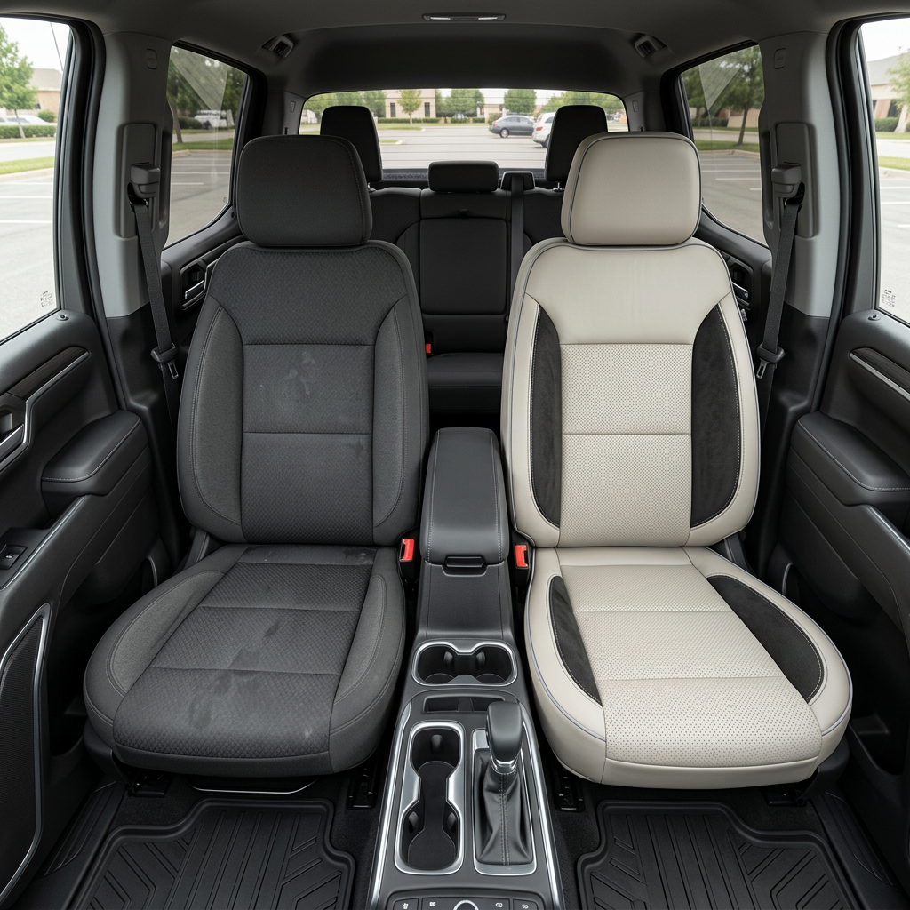  Before-and-after front in-cabin view of a 2019 2026 Chevrolet Silverado (New Body Style): the left front seat shows original dark cloth upholstery, while the right front seat is upgraded with Leatherteck pearl white leather, black suede accent panels, and pumice gray contrast stitching.