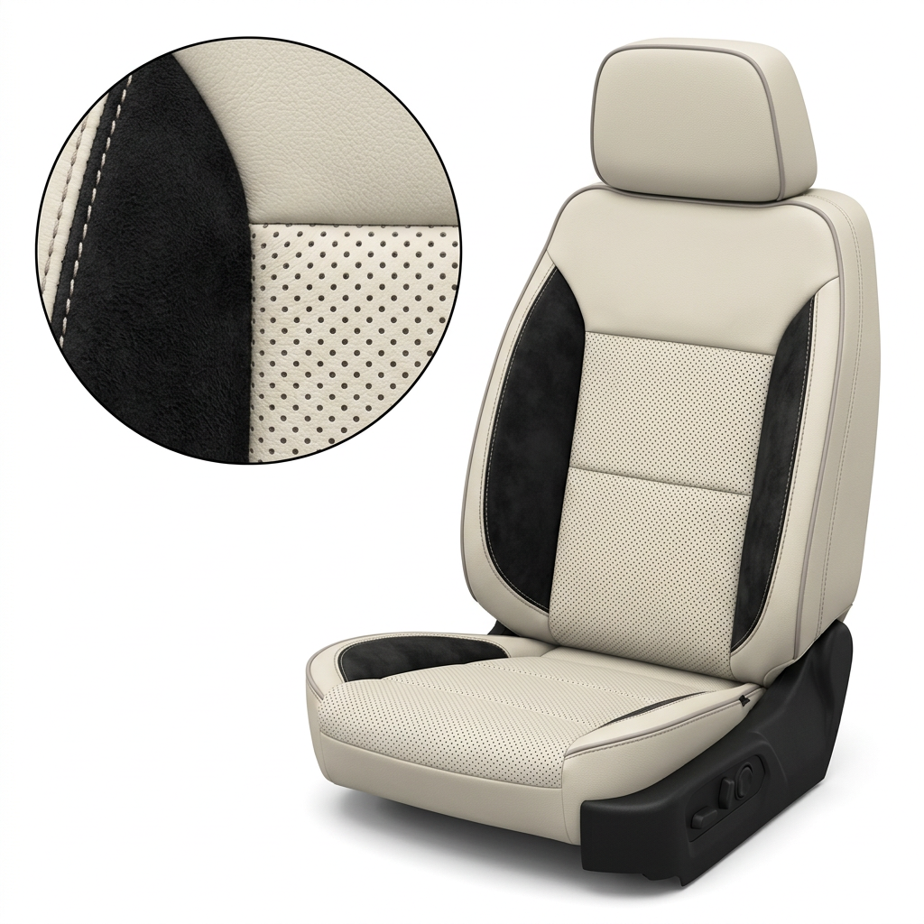 Close-up of a 2019–2026 Chevrolet Silverado (New Body Style) Leatherteck seat upholstery showing pearl white leather with black suede accent panels, perforated center inserts, and pumice gray contrast stitching, with an inset highlighting the suede texture and perforation detail.