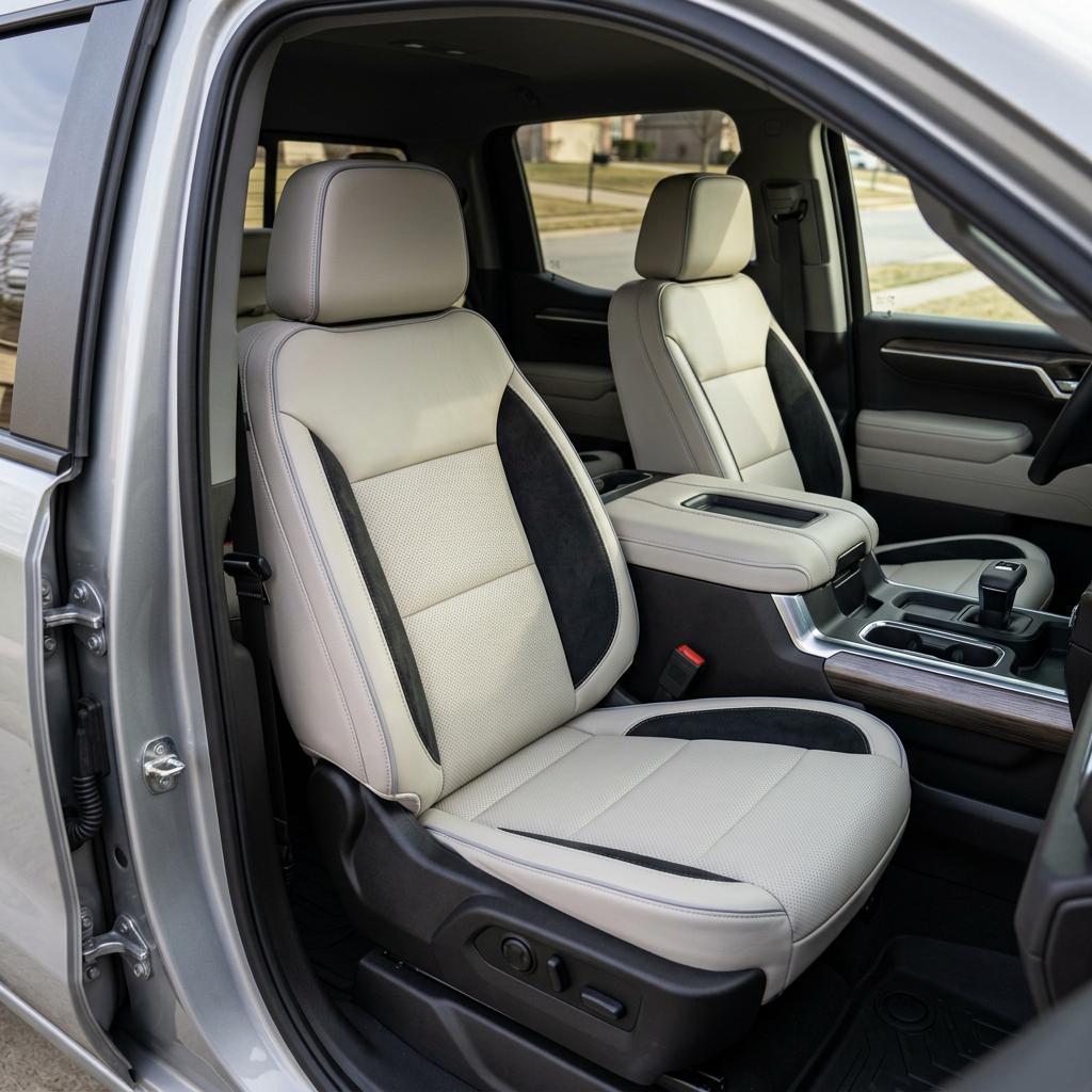 Front in-cabin view of a 2019–2026 Chevrolet Silverado (New Body Style) with upgraded Leatherteck pearl white leather front bucket seats featuring black suede accent panels and pumice gray contrast stitching, shown with the center console and shifter.