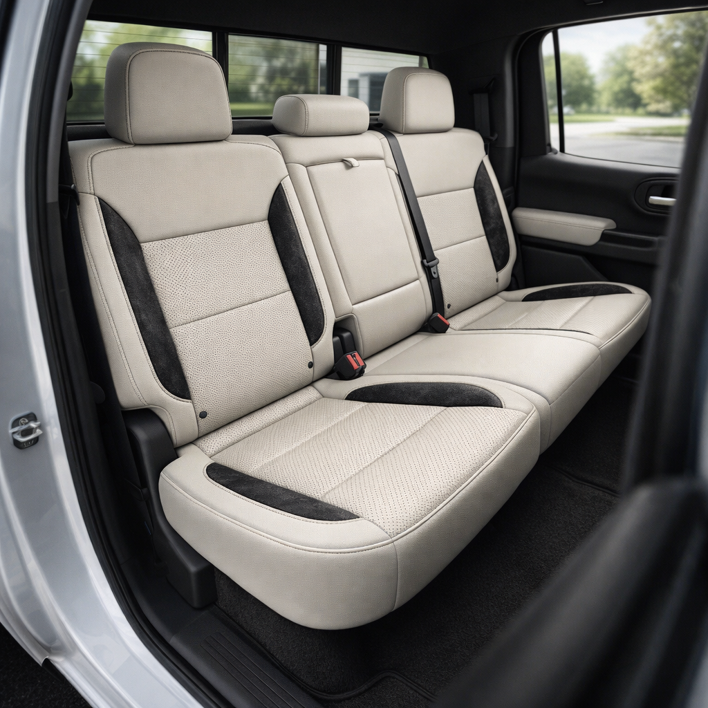  Rear in-cabin view of a 2019–2026 Chevrolet Silverado (New Body Style) with upgraded Leatherteck pearl white leather rear bench seat featuring black suede accent panels, perforated inserts, and pumice gray contrast stitching, with seatbelts visible.