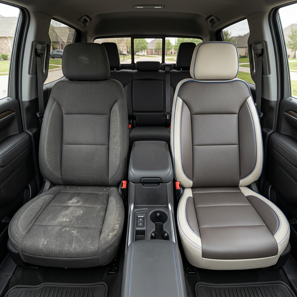 Before-and-after front in-cabin view of a 2019–2026 Chevrolet Silverado (New Body Style): the left front seat shows original dark cloth upholstery, while the right front seat is upgraded with a Leatherteck Pearl White leather kit featuring platinum gray perforated inserts and contrast stitching, shown beside the center console and rear bench seat.