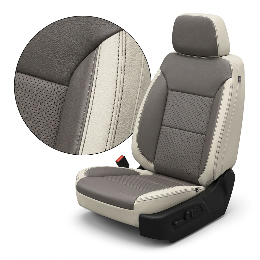  Close-up product image of a 2019–2026 Chevrolet Silverado (New Body Style) Leatherteck seat upholstery kit in pearl white with platinum gray perforated center inserts and contrast stitching, featuring a circular inset highlighting the leather grain, perforation pattern, and stitched seam detail.