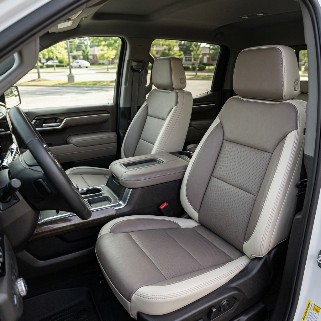  Front in-cabin view of a 2019–2026 Chevrolet Silverado (New Body Style) featuring upgraded Leatherteck front bucket seats in pearl white with platinum gray perforated center inserts and contrast stitching, shown from the driver-side door with the center console, cupholders, and door trim visible.
