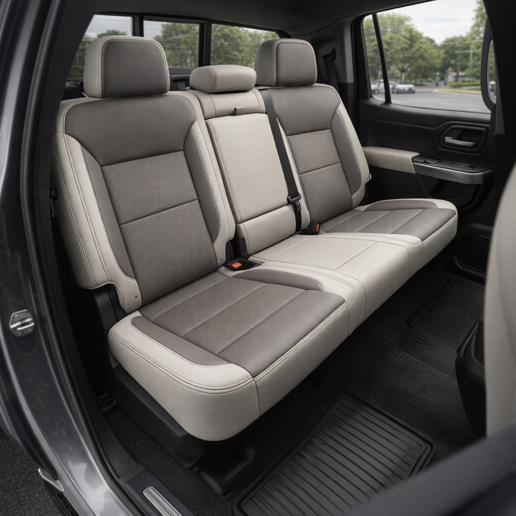Angled in-cabin view of a 2019–2026 Chevrolet Silverado (New Body Style) showing the front bucket seats upholstered in Leatherteck pearl white with platinum gray perforated center inserts and contrast stitching, with the center console, cupholders, and door panel visible through the open driver-side door.