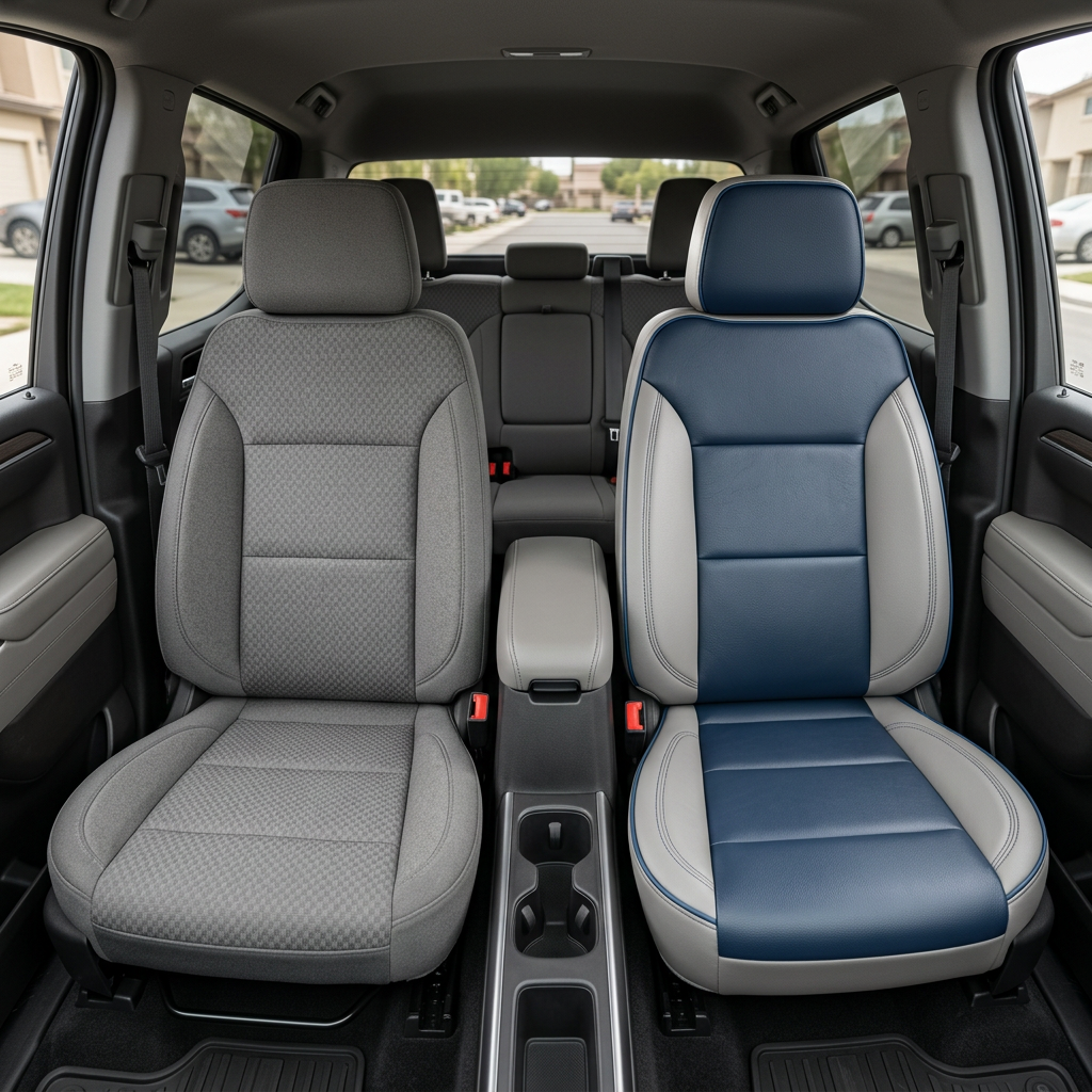 Before-and-after front in-cabin view of a 2019–2026 Chevrolet Silverado (New Body Style): the left front seat shows original gray cloth upholstery, while the right front seat is upgraded with a Leatherteck kit featuring platinum gray leather outer bolsters, Atlantic blue center inserts, and contrast stitching, with the center console and rear bench seat visible.