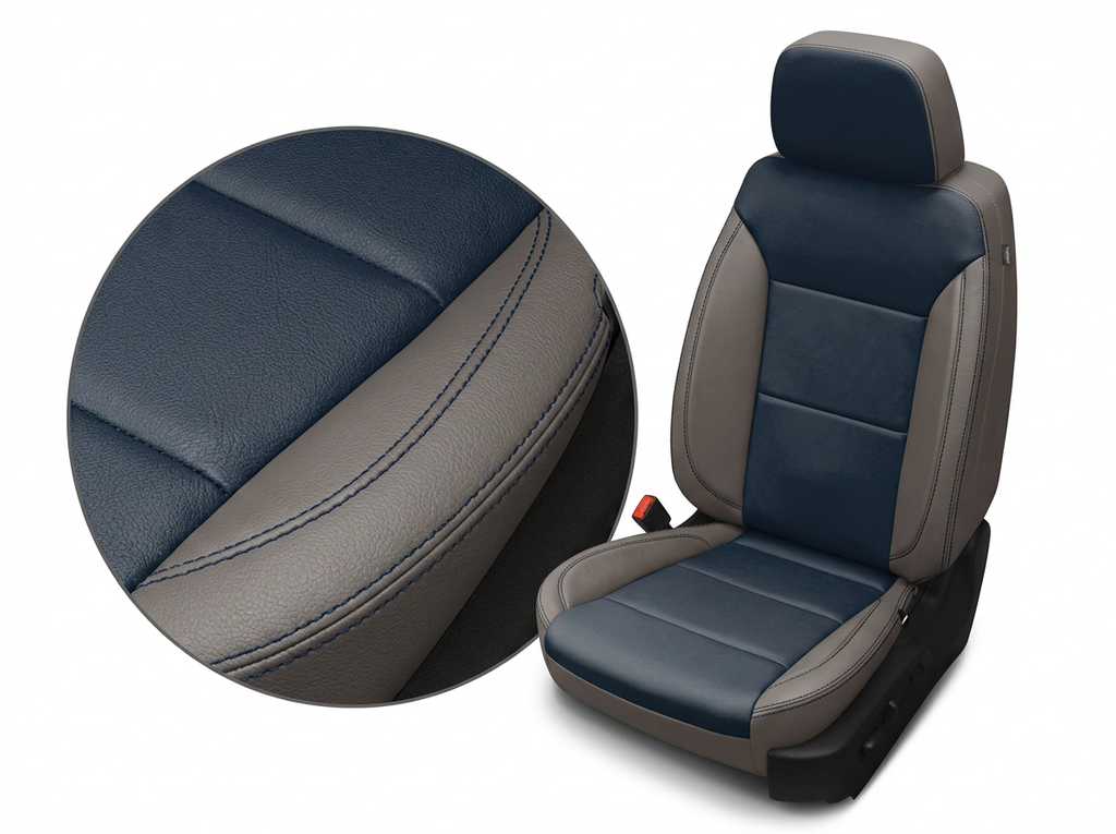 Close-up product image of a 2019–2026 Chevrolet Silverado (New Body Style) Leatherteck seat upholstery kit featuring platinum gray outer bolsters with Atlantic blue center inserts and contrast stitching, with a circular detail inset highlighting the leather grain, seam, and stitching.