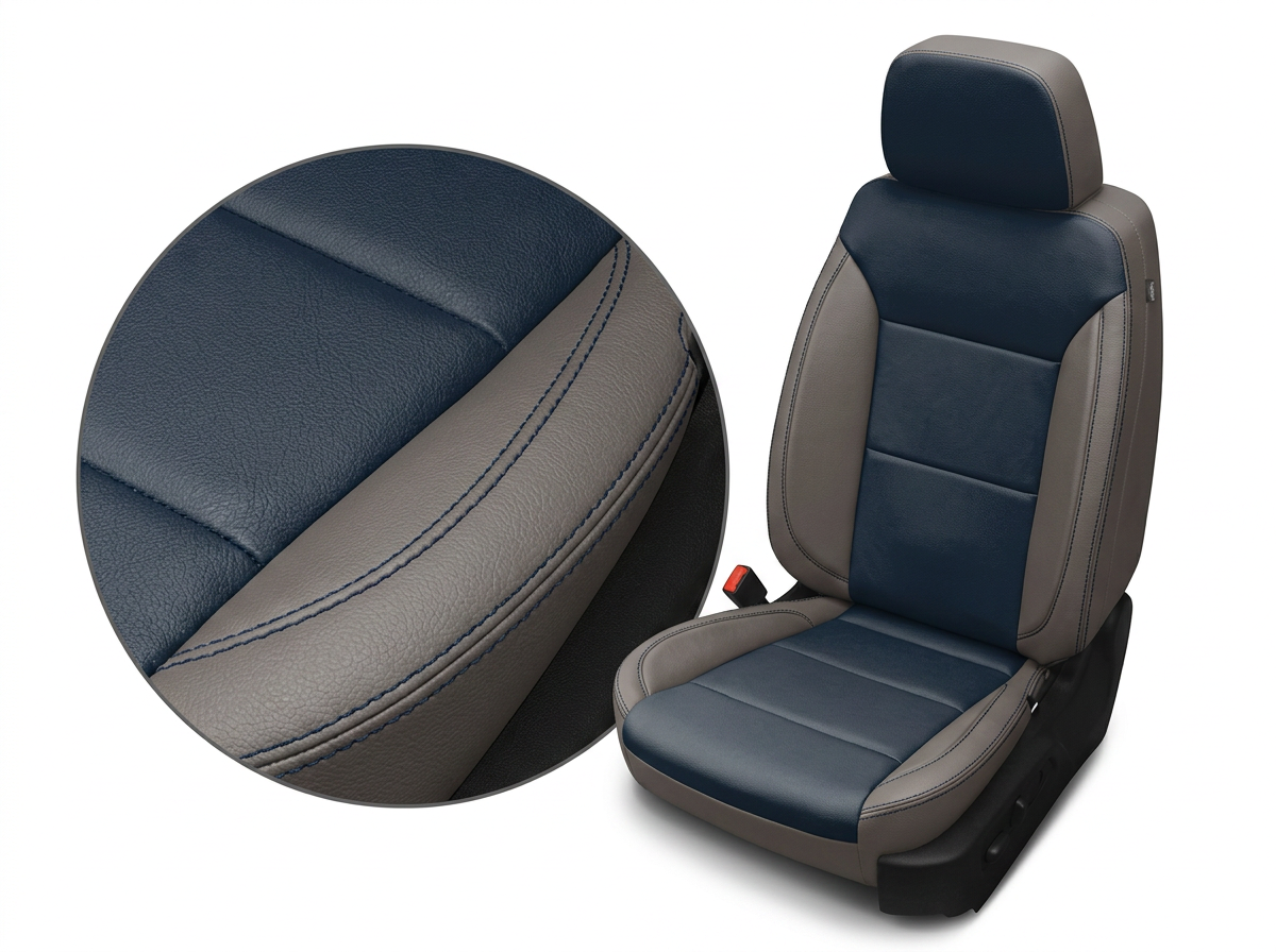 Close-up product image of a 2019–2026 Chevrolet Silverado (New Body Style) Leatherteck seat upholstery kit featuring platinum gray outer bolsters with Atlantic blue center inserts and contrast stitching, with a circular detail inset highlighting the leather grain, seam, and stitching.