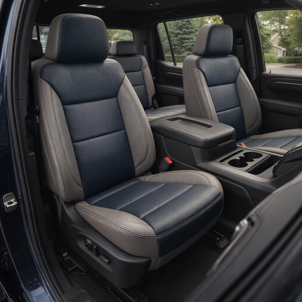  Front in-cabin view of a 2019–2026 Chevrolet Silverado (New Body Style) featuring a Leatherteck leather seat upholstery kit with platinum gray outer bolsters, Atlantic blue center inserts, and contrast stitching, showing the front bucket seats, center console with cupholders, and a glimpse of the rear seating.