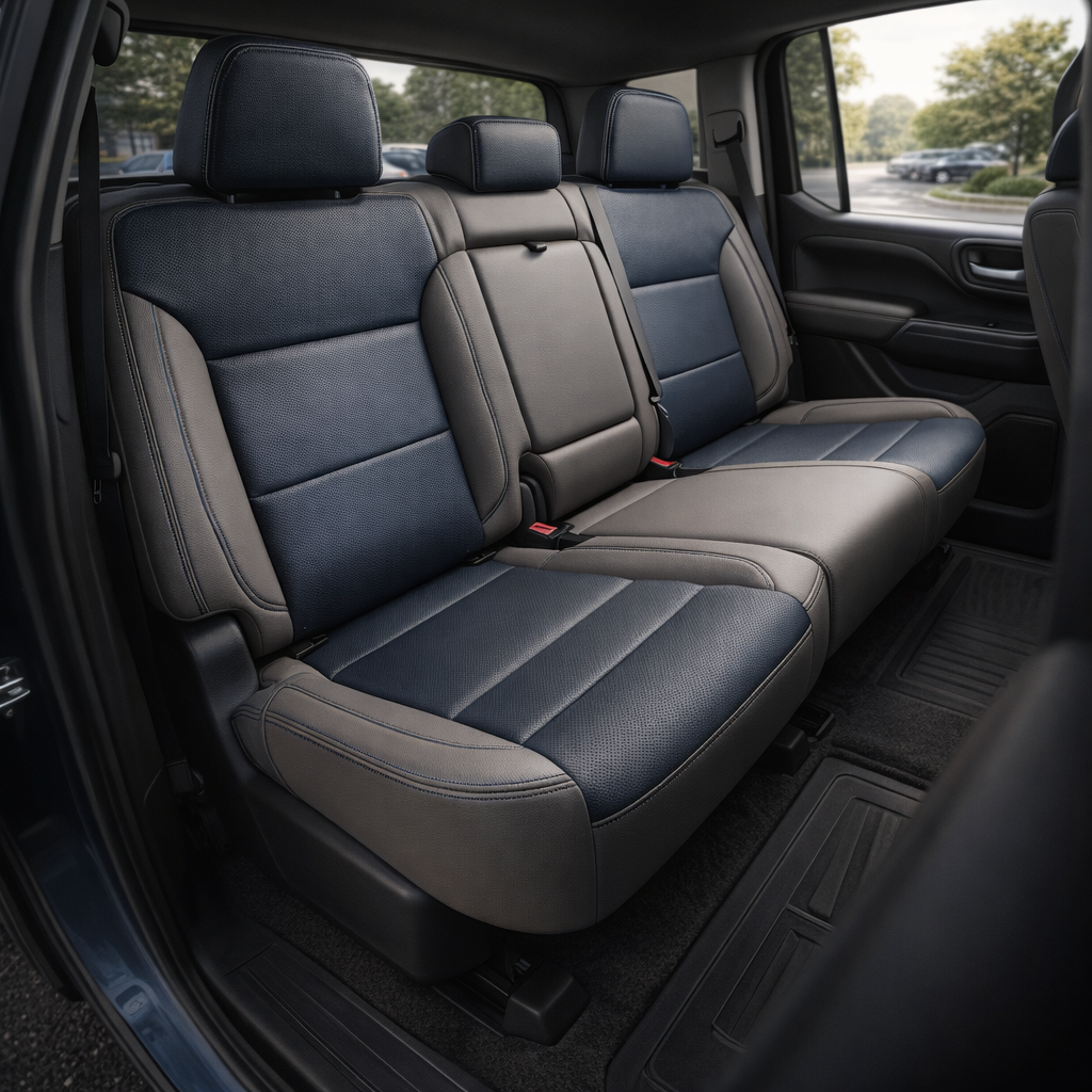  Rear in-cabin view of a 2019–2026 Chevrolet Silverado (New Body Style) showing a Leatherteck rear bench seat upholstered in dark coffee brown with western floral-pattern accent panels on the outer sections and light contrast stitching, featuring three headrests, seatbelts, rear door panel trim, and all-weather floor mat.