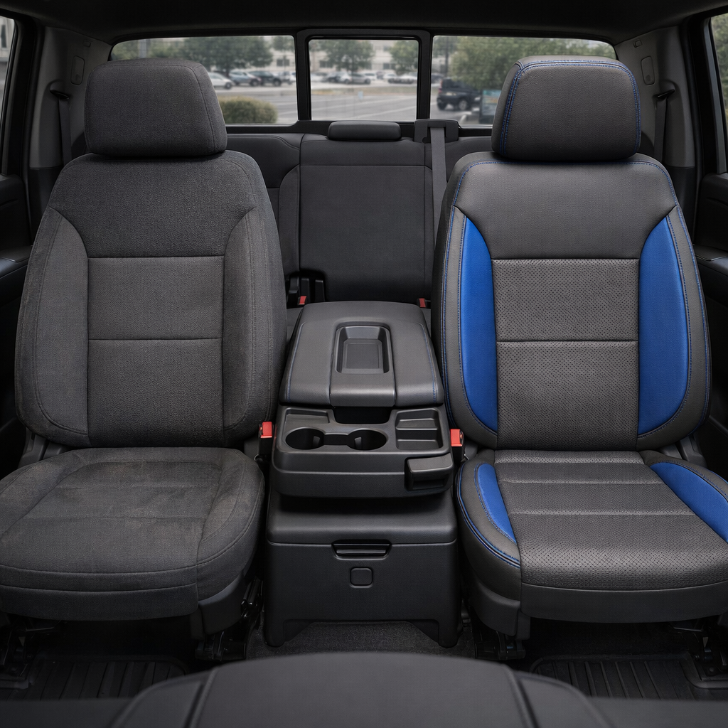  Before-and-after front in-cabin view of a 2019–2026 Chevrolet Silverado (New Body Style): the left front seat shows original factory cloth upholstery, while the right front seat is upgraded with a Leatherteck kit featuring platinum gray leather panels, Bermuda blue perforated inserts/accents, and contrast stitching, with the center console and rear bench seat visible.