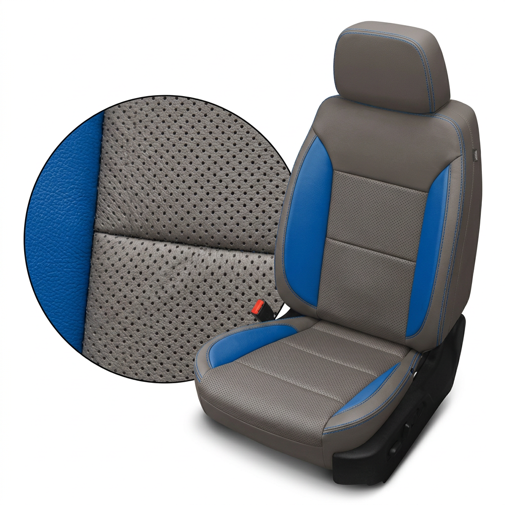 Close-up product image of a 2019–2026 Chevrolet Silverado (New Body Style) Leatherteck seat upholstery kit in platinum gray with Bermuda blue accent panels and perforated platinum gray inserts, featuring contrast stitching; a circular inset highlights the leather grain, perforation pattern, and seam stitching.