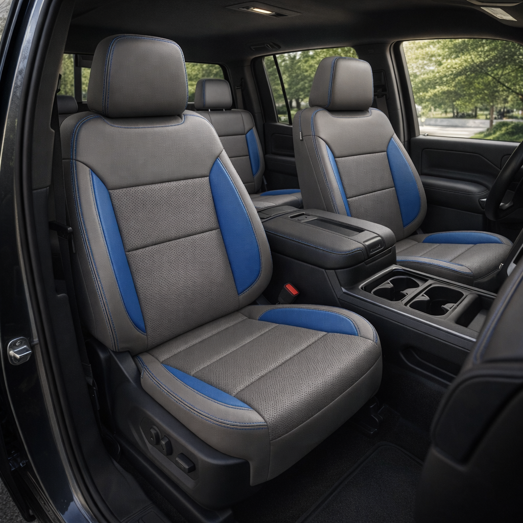 Front in-cabin view of a 2019–2026 Chevrolet Silverado (New Body Style) featuring Leatherteck front bucket seats upholstered in platinum gray with Bermuda blue perforated insert/bolster accents and contrast stitching, shown from the open driver-side door with the center console, cupholders, and rear seating visible.