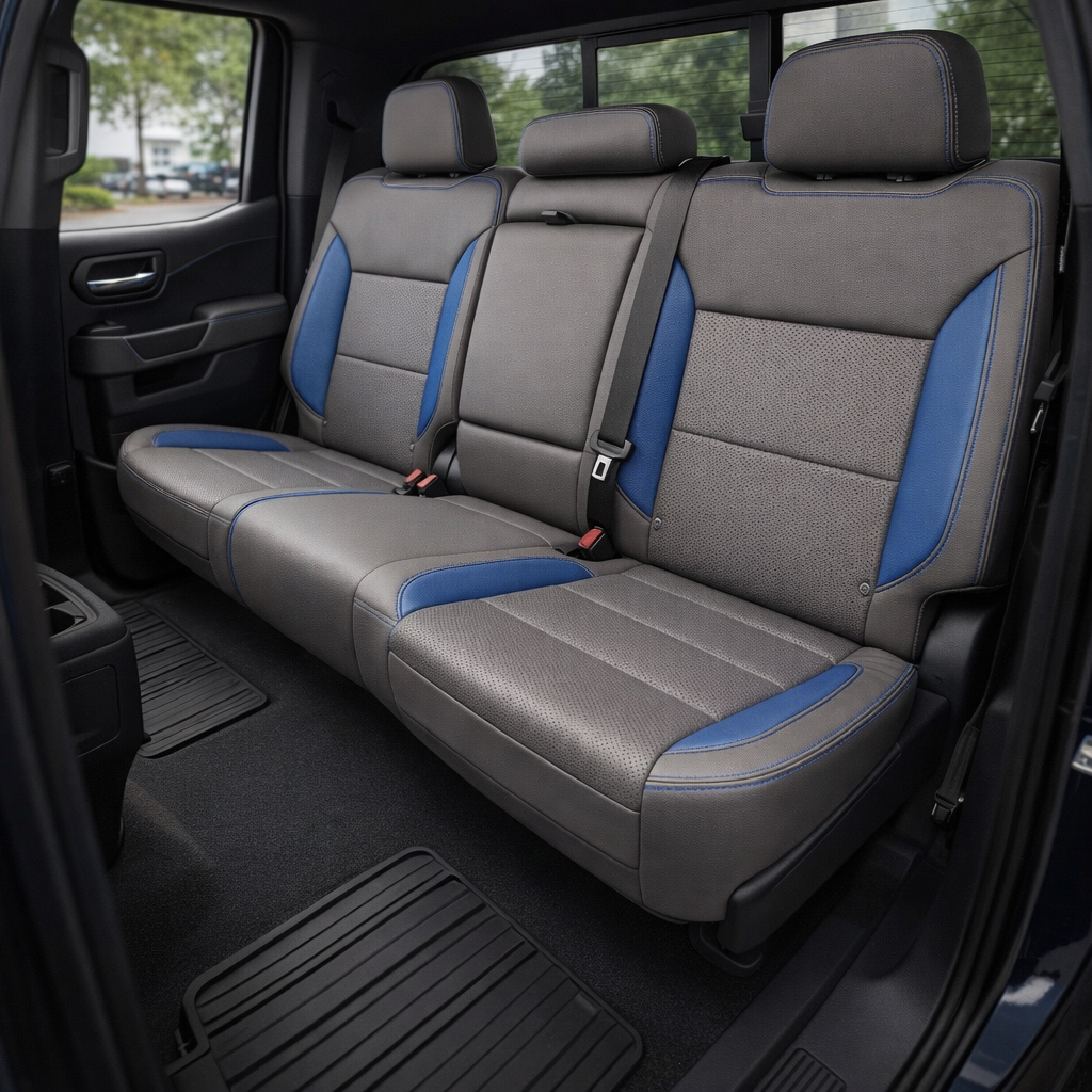  Rear in-cabin view of a 2019–2026 Chevrolet Silverado (New Body Style) featuring a Leatherteck rear bench seat upholstered in platinum gray with Bermuda blue perforated inserts/side accents and contrast stitching, showing three headrests, seatbelts, the rear door panel, and floor mats.

