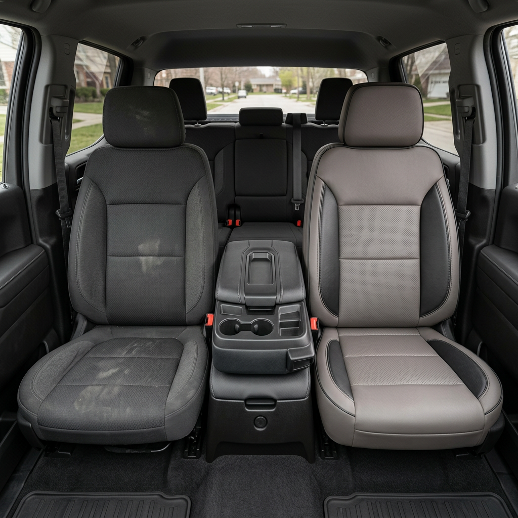 Before-and-after cabin view of a 2019–2026 Chevrolet Silverado (New Body Style): left seat shows original dark cloth upholstery, while right seat shows the upgraded Leatherteck platinum gray leather with black accent bolsters, perforated inserts, and contrast stitching.