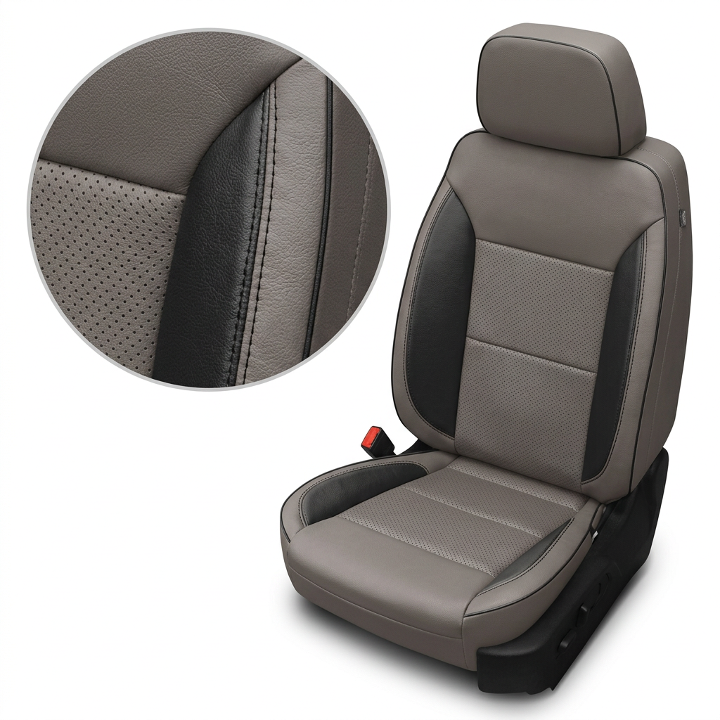 Close-up of the Leatherteck seat upholstery for a 2019–2026 Chevrolet Silverado (New Body Style) in platinum gray leather, showing black accent side bolsters, perforated center inserts, and contrast stitching along the seams on the seat and headrest.