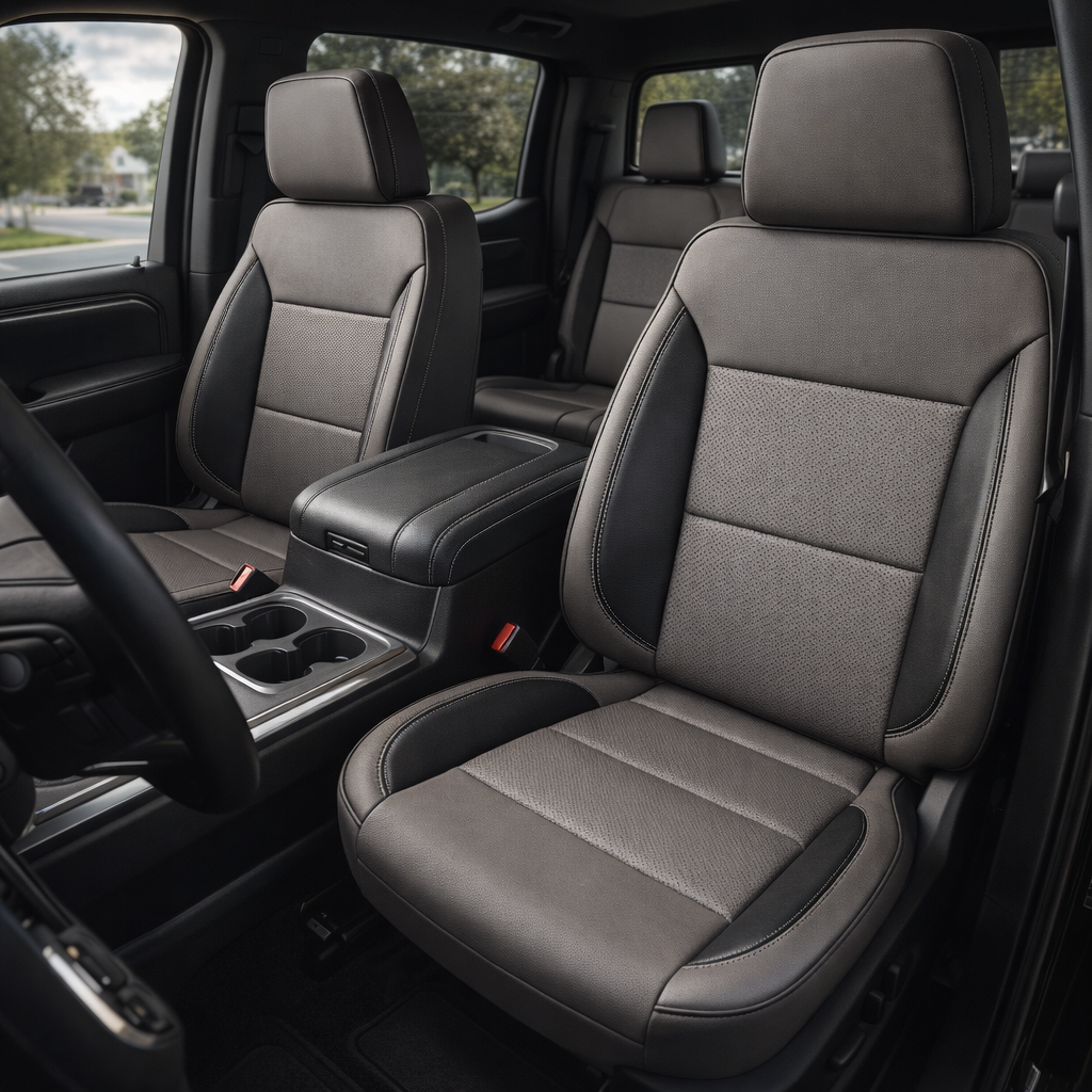  Front in-cabin view of a 2019–2026 Chevrolet Silverado (New Body Style) with Leatherteck seat upholstery in platinum gray leather, featuring black accent bolsters, perforated center inserts, and contrast stitching on the front bucket seats and headrests.