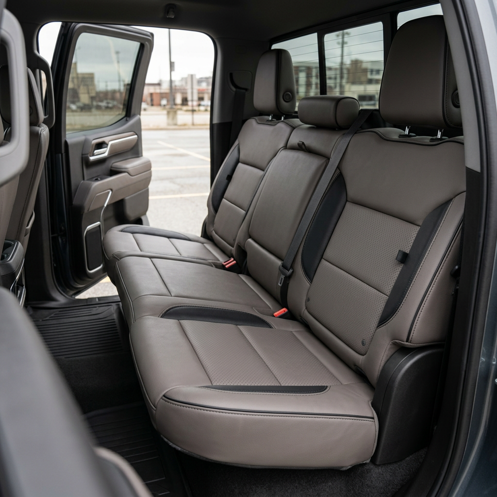 Rear in-cabin view of a 2019–2026 Chevrolet Silverado (New Body Style) with Leatherteck seat upholstery in platinum gray leather, featuring black accent bolsters, perforated center inserts, and contrast stitching across the rear bench seat cushions, seatbacks, and headrests.
