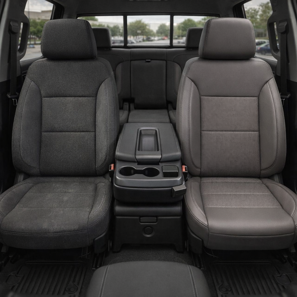 Before-and-after front in-cabin view of a 2019–2026 Chevrolet Silverado (New Body Style): the left front seat shows factory dark cloth upholstery, while the right front seat is upgraded with a Leatherteck kit in platinum gray leather featuring perforated center inserts and contrast stitching, with the center console and rear seating visible.
