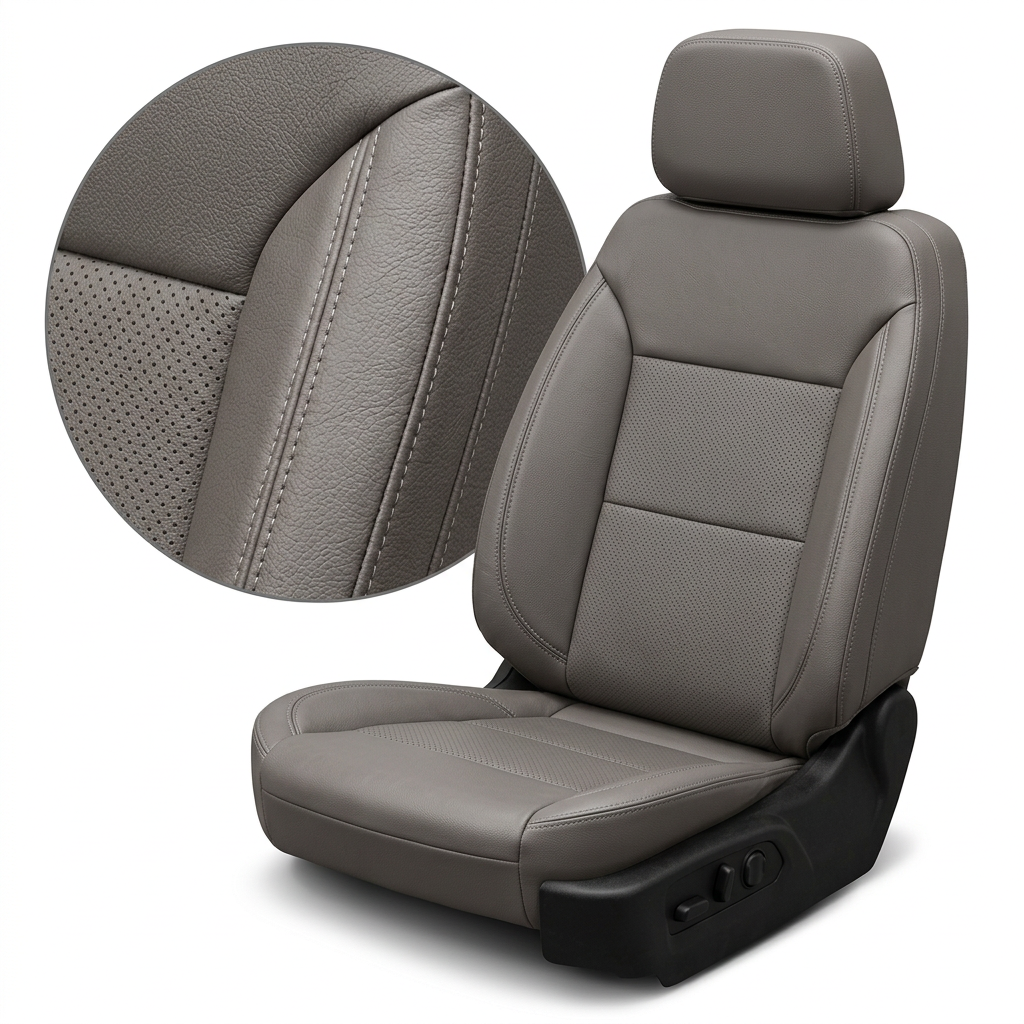  Close-up product image of a 2019–2026 Chevrolet Silverado (New Body Style) Leatherteck seat upholstery kit in platinum gray leather with perforated center inserts and contrast stitching, featuring a circular zoom inset highlighting the perforation pattern, leather grain, and stitched seam detail.